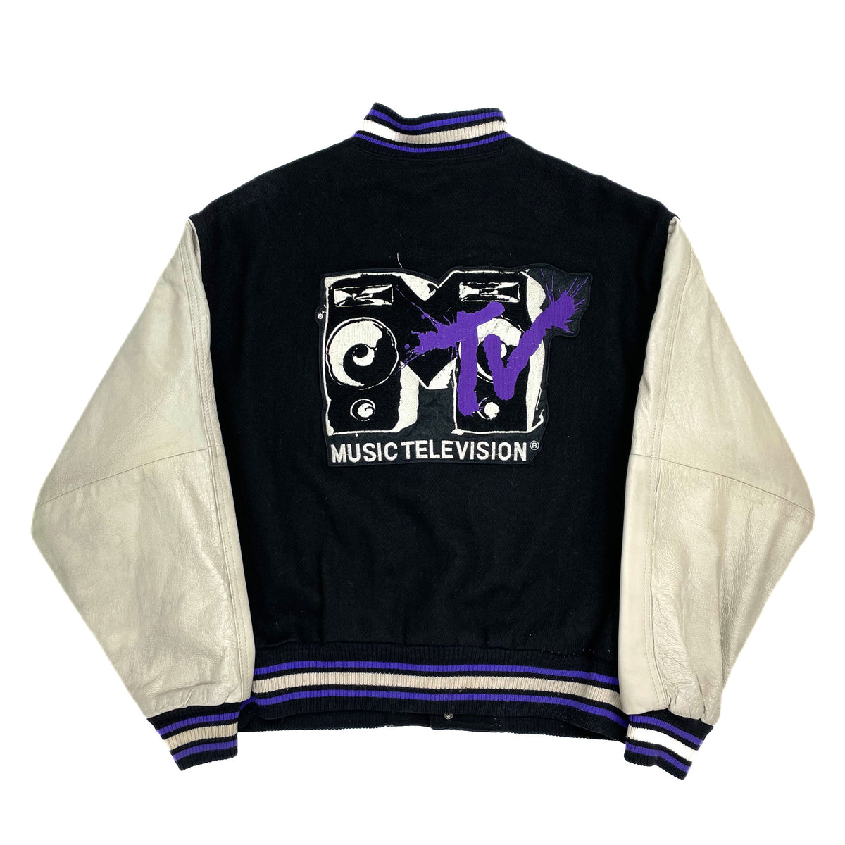 VINTAGE) 1992 MTV OFFICIAL HOODED SLEEVE LEATHER VARSITY