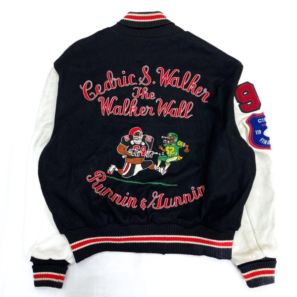 (VINTAGE) 1989 MADE IN USA DeLONG EMBROIDERED SLEEVE LEATHER VARSITY JACKET WITH PATCH