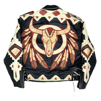 (VINTAGE) 1990'S～ MADE IN MEXICO VOLCANO BUFFALO PATTERN LEATHER PATCH DESIGN DOUBLE BREASTED LEATHER BIKER JACKET