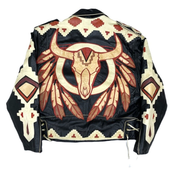 (VINTAGE) 1990'S～ MADE IN MEXICO VOLCANO BUFFALO PATTERN LEATHER PATCH DESIGN DOUBLE BREASTED LEATHER BIKER JACKET