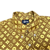 (VINTAGE) 1990'S～ OLD STUSSY NAVY TAG MONOGRAM PATTERN TOTAL PATTERN PRINT 3 POINT FASTENING SHORT SLEEVE SHIRT AS IS