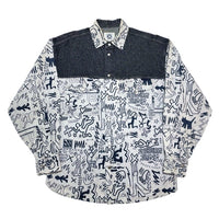 (DESIGNERS) 1990'S～ MADE IN ITALY ICEBERG JEANS KEITH HARING STYLE PRINT BLACK DENIM PANELED SHIRT