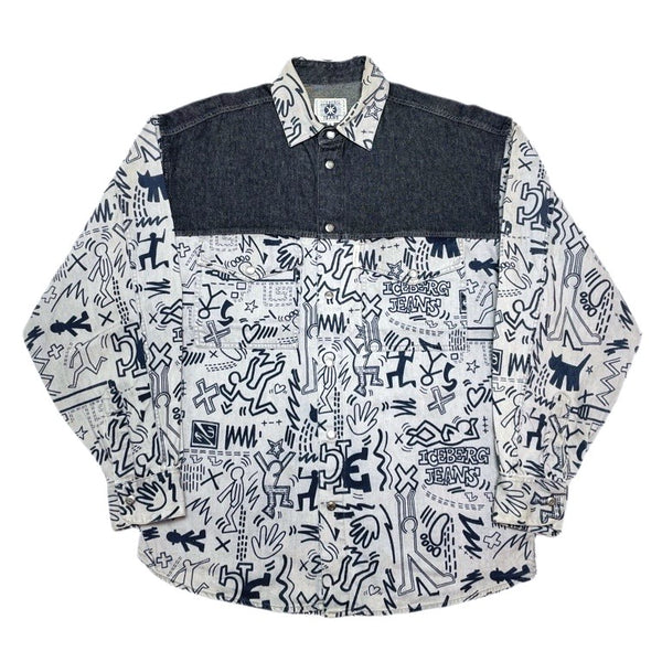 (DESIGNERS) 1990'S～ MADE IN ITALY ICEBERG JEANS KEITH HARING STYLE PRINT BLACK DENIM PANELED SHIRT