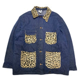 (vintage) MADE IN USA Re DENIM 1970'S WRANGLER BODY LEOPARD PATTERN FAUX FUR PANELED REMAKE CHORE COAT WITH BLANKET LINER
