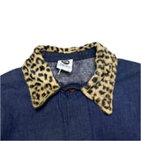 (vintage) MADE IN USA Re DENIM 1970'S WRANGLER BODY LEOPARD PATTERN FAUX FUR PANELED REMAKE CHORE COAT WITH BLANKET LINER