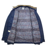 (vintage) MADE IN USA Re DENIM 1970'S WRANGLER BODY LEOPARD PATTERN FAUX FUR PANELED REMAKE CHORE COAT WITH BLANKET LINER