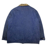 (vintage) MADE IN USA Re DENIM 1970'S WRANGLER BODY LEOPARD PATTERN FAUX FUR PANELED REMAKE CHORE COAT WITH BLANKET LINER