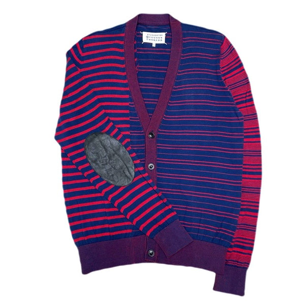 (DESIGNERS) 2015 MADE IN ITALY MAISON MARGIELA 10 3 TYPES OF STRIPED PATTERN PANELED COTTON KNIT CARDIGAN WITH ELBOW PATCH