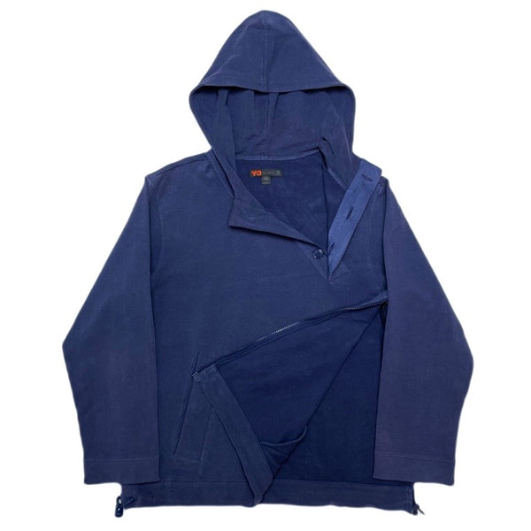 (DESIGNERS) 2007 Y-3 DEFORMED ZIP DESIGN DIAGONAL HALF BUTTON STYLE PULLOVER STRETCH HOODIE SWEAT SHIRT