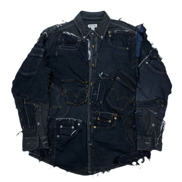 (VINTAGE) 2000'S～ UNKNOWN CRUST PUNK REMAKE PATCHWORK OVER DYED BUTTON DOWN SHIRT