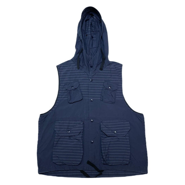 (DESIGNERS) MADE IN USA ENGINEERED GARMENTS STRIPED PATTERN PANELED HOODED VEST WITH 3D POCKET