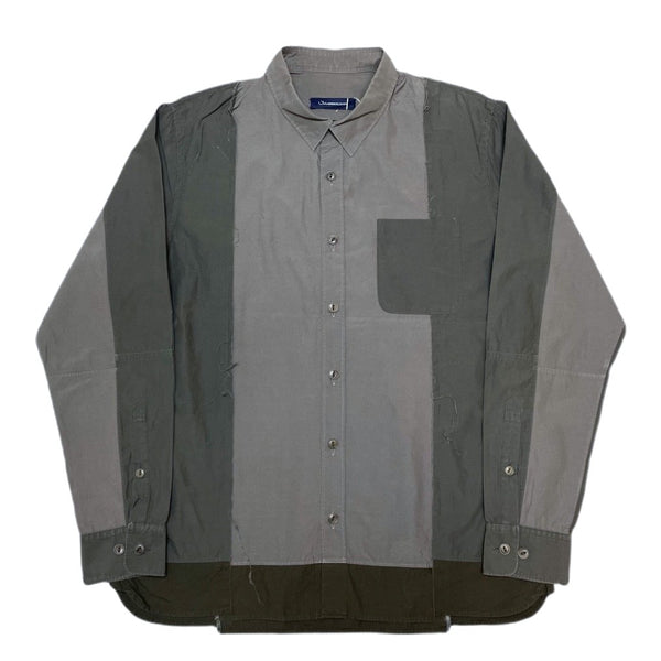 (DESIGNERS) 2016 MADE IN JAPAN John UNDERCOVER 3 COLOR PANELED PATCHWORK SHIRT WITH GUSSET