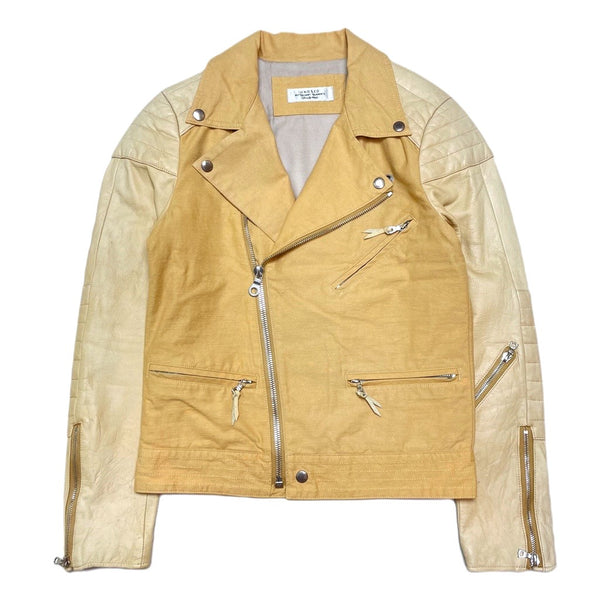 (DESIGNERS) MADE IN JAPAN UNUSED SLEEVE LEATHER PANELED DOUBLE BREASTED COTTON BIKER JACKET