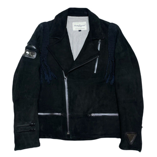 (DESIGNERS) 2008 MADE IN JAPAN UNDERCOVERISM DEER SUEDE UK TYPE DOUBLE BREASTED BIKER JACKET WITH FRINGE