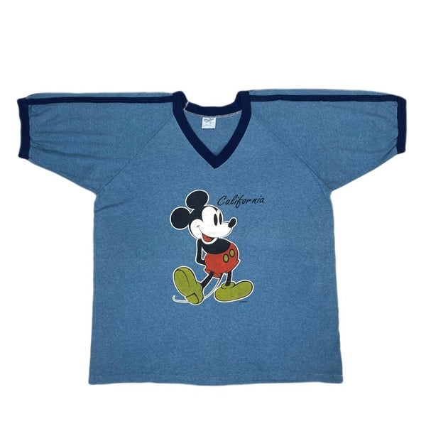 (T-SHIRT) 1980'S～ MADE IN USA MICKEY MOUSE PRINT V NECK RINGER T-SHIRT