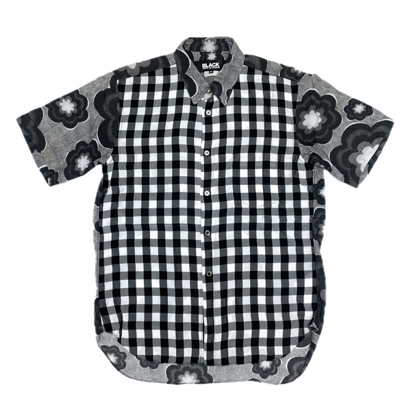 (DESIGNERS) AD2011 BLACK COMME des GARCONS PLAID PATTERN X FLORAL PATTERN PANELED DESIGN SHORT SLEEVE SHIRT