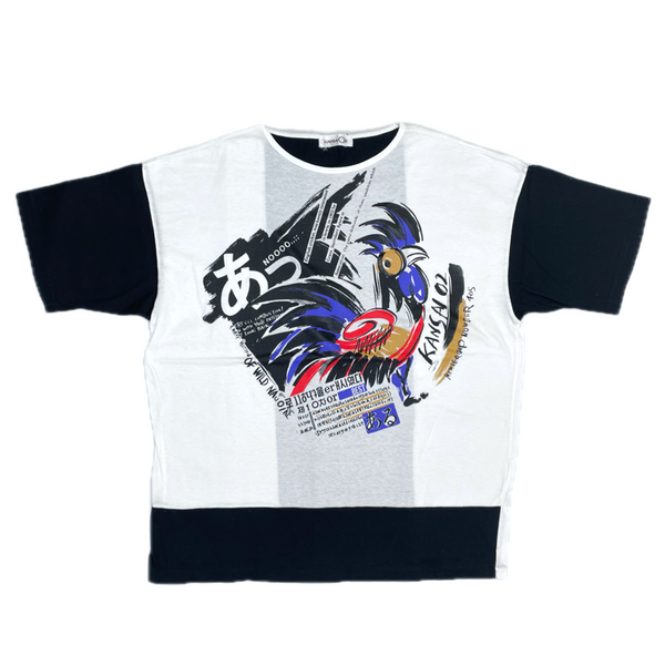 (DESIGNERS) 1990'S～ KANSAI O2 CHICKEN, JAPANESE, KOREAN, ENGLISH PRINT BICOLOR SHORT SLEEVE SHIRT