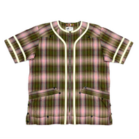 (DESIGNERS) 2004 bal SHADOW PLAID COLLARLESS ZIP UP SHORT SLEEVE CUBA SHIRT