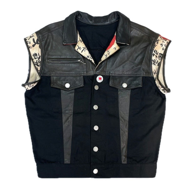 (VINTAGE) 1980'S～ King's R.d LA ROCKA SAME TYPE KANJI PRINT PANELED DESIGN LEATHER X COTTON TRUCKER JACKET TYPE VEST