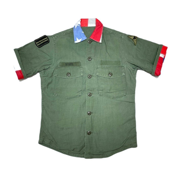 (DESIGNERS) rich hippie STARS AND STRIPES PATTERN PANEL REMAKE SHORT SLEEVE ARMY SHIRT