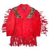 (VINTAGE) UNKNOWN LEOPARD PATTERN FAUX FUR PANELED SUEDE FRINGE JACKET