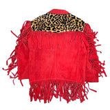 (VINTAGE) UNKNOWN LEOPARD PATTERN FAUX FUR PANELED SUEDE FRINGE JACKET