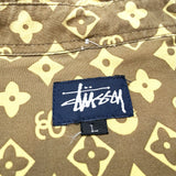 (VINTAGE) 1990'S～ OLD STUSSY NAVY TAG MONOGRAM PATTERN TOTAL PATTERN PRINT 3 POINT FASTENING SHORT SLEEVE SHIRT AS IS