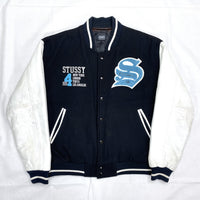 (VINTAGE) 1998 BOOTLEG? OLD STUSSY BIG4 SLEEVE LEATHER VARSITY JACKET