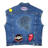 (VINTAGE) 1991 MADE IN USA INDIAN HEAD PATTERN EMBOSSED 4 POCKET CUT OFF DENIM TRUCKER JACKET