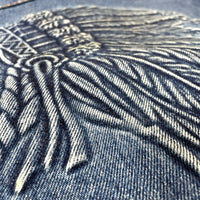 (VINTAGE) 1991 MADE IN USA INDIAN HEAD PATTERN EMBOSSED 4 POCKET CUT OFF DENIM TRUCKER JACKET