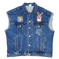 (VINTAGE) 1991 MADE IN USA INDIAN HEAD PATTERN EMBOSSED 4 POCKET CUT OFF DENIM TRUCKER JACKET