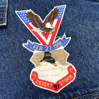 (VINTAGE) 1991 MADE IN USA INDIAN HEAD PATTERN EMBOSSED 4 POCKET CUT OFF DENIM TRUCKER JACKET