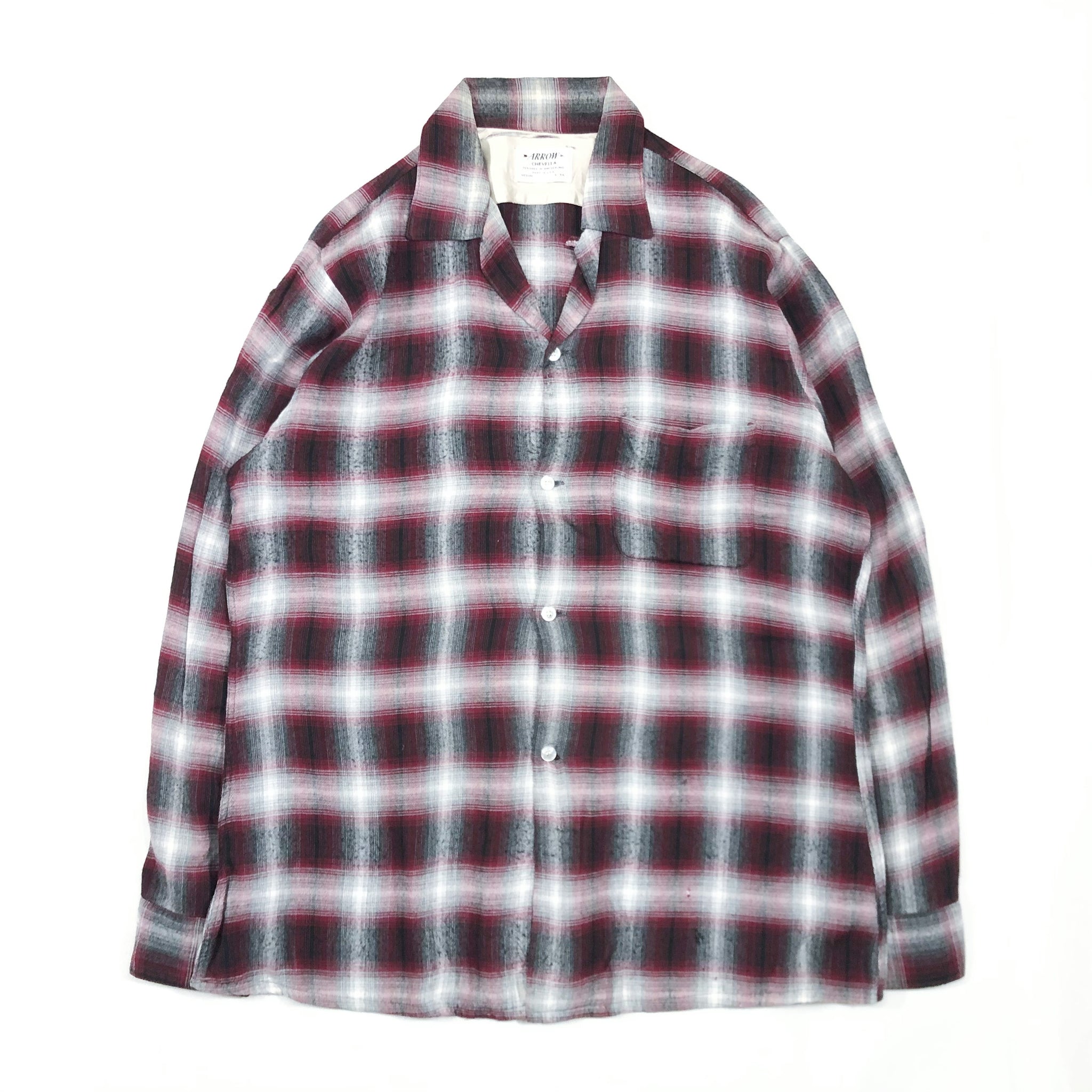 1960'S ARROW CHEVELLA RAYON 100% SHADOW PLAID OPEN COLLARED
