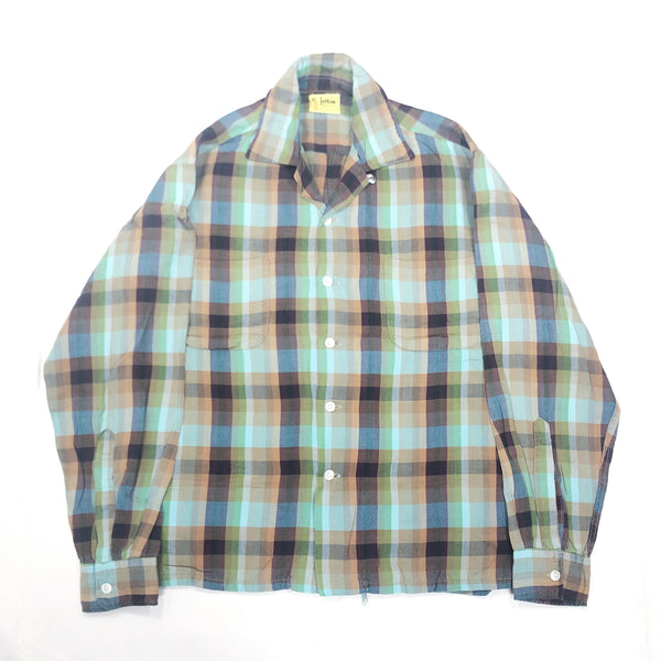 (VINTAGE) 1960'S MADE IN JAPAN GOTHAM PLAID PATTERN OPEN COLLAR RAYON BOX SHIRT