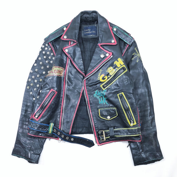 1980'S LUCKY LEATHER INC CRUST STUDS PAINTED LEATHER RIDERS JACKET