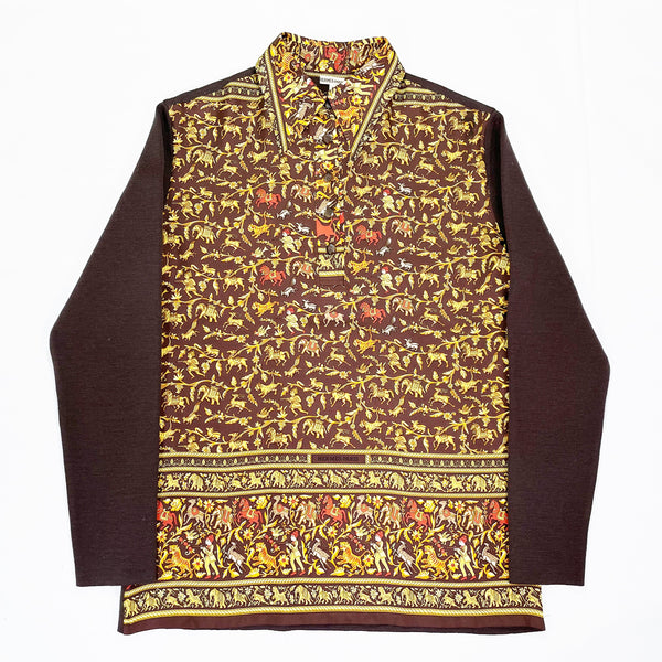 (DESIGNERS) MADE IN ITALY HERMES PARIS by MARTIN MARGIELA TOTAL PATTERN SILK PANELED PULLOVER KNIT POLO SHIRT