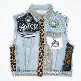 (VINTAGE) 1990'S CRUST REMAKE PAINT STUDS CUT OFF 4 POCKET DENIM VEST